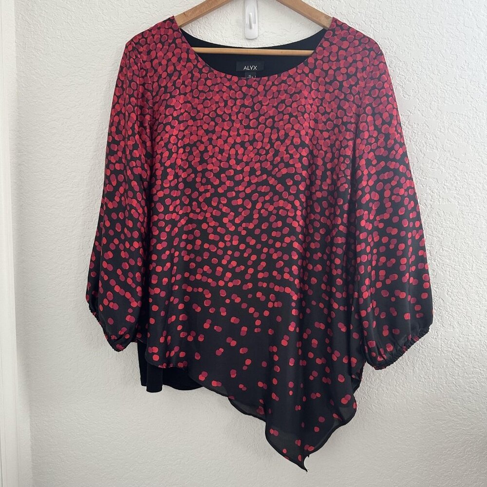 Alyx Blouse Womens XL Black Red Asymmetrical Hem Sheer Overlay Polka Dot Top